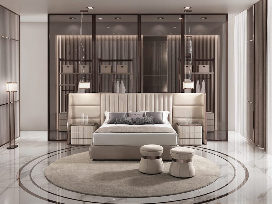 Hollywood гардеробная | DV home. Роскошная гардеробная система с каркасом из нержавеющей стали цвета античной бронзы, ящиками в кожаной обивке, столешницей из мрамора Calacatta и встроенным зеркалом.