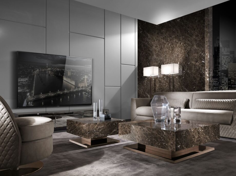 Envy Low мебель для телевизора | DV home. Элегантная тумба под ТВ с уникальными вариантами отделки, включая зеркало, лак, шпон и мрамор, с выдвижными ящиками.