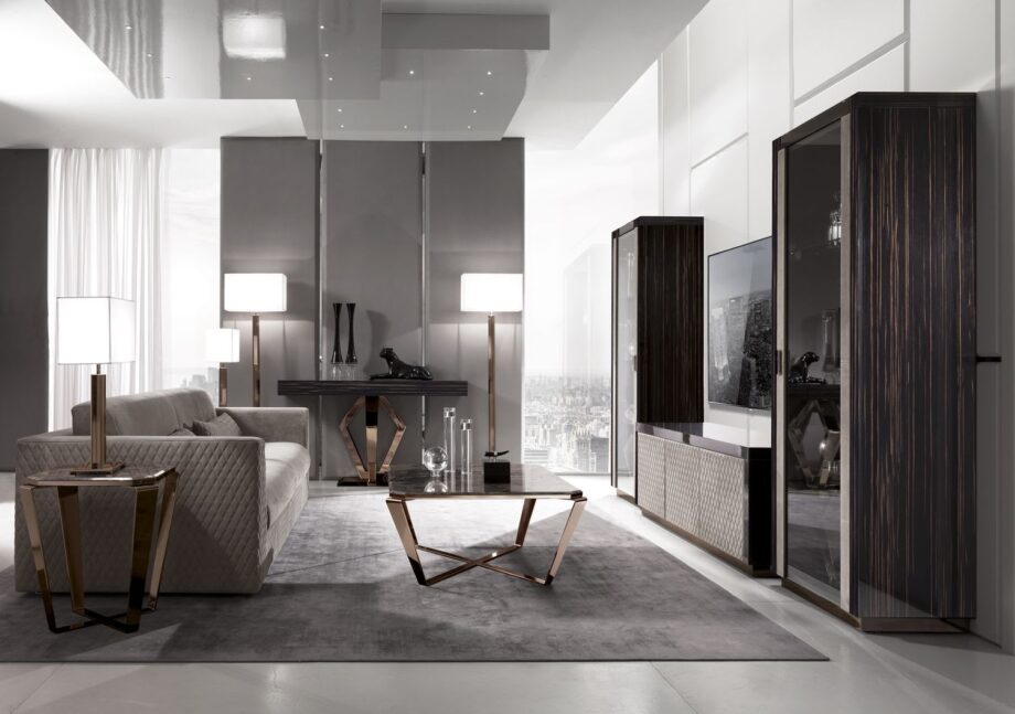 Envy комод | DV home. Элегантная тумба под телевизор с зеркальными, лакированными или кожаными фасадами, внутренней отделкой из дерева и мраморной столешницей.