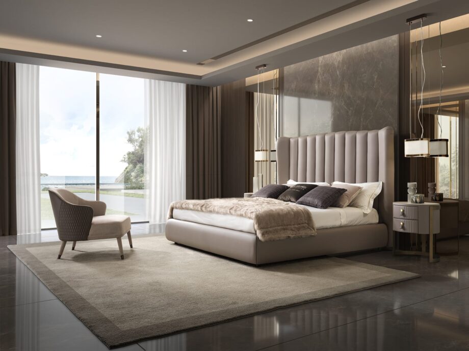 Hermes кровать | DV home. Роскошная кровать с высоким стеганым изголовьем, сочетающая гламур ар-деко и современную элегантность для изысканных спален.