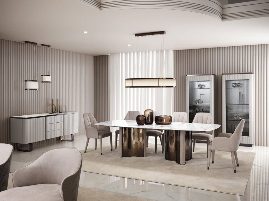 Elite витрина | DV home. Изысканная витрина в стиле ар-деко с роскошной отделкой из кожи или лака, акцентами из нержавеющей стали и элегантными стеклянными полками.