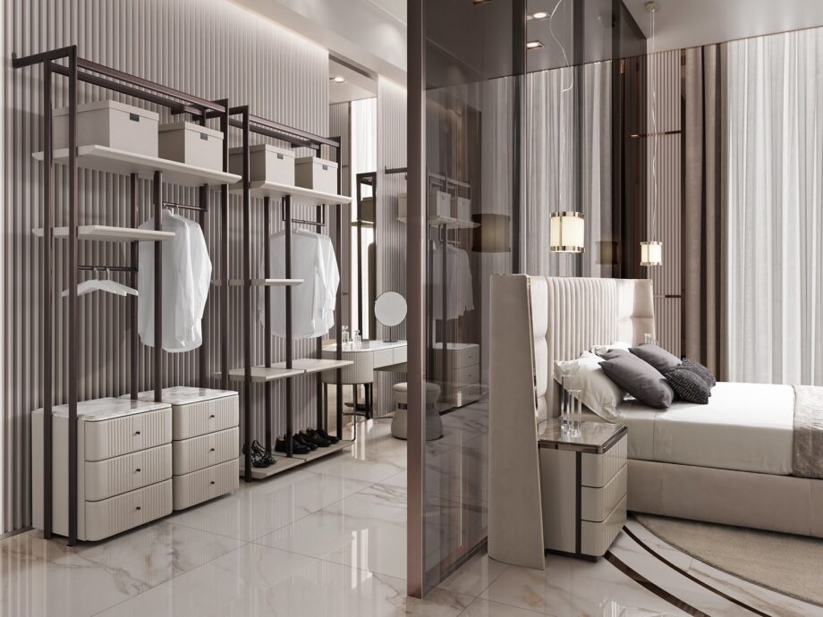 Hollywood гардеробная | DV home. Роскошная гардеробная с металлическим каркасом, кожаными элементами и мраморной столешницей, воплощающая изысканность и функциональность.