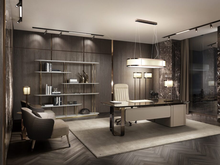 Elite письменный стол | DV home. Роскошный письменный стол в стиле ар-деко с отделкой из нержавеющей стали, кожи и ценных пород дерева, предлагающий изысканные решения для хранения.
