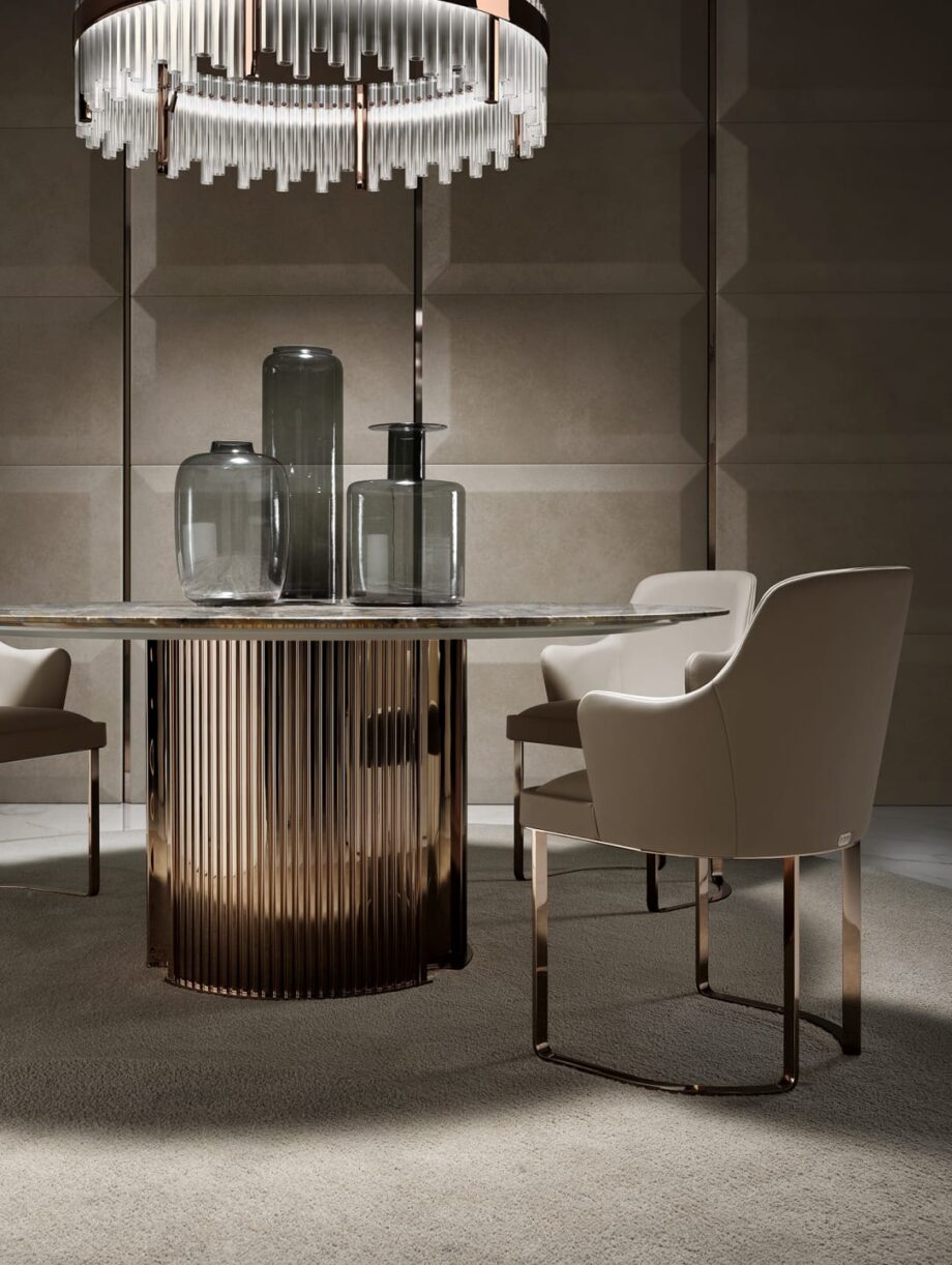 Windsor Round стол | DV home. Изысканный круглый обеденный стол с роскошной основой и выбором столешниц из редкого мрамора или ценного дерева.
