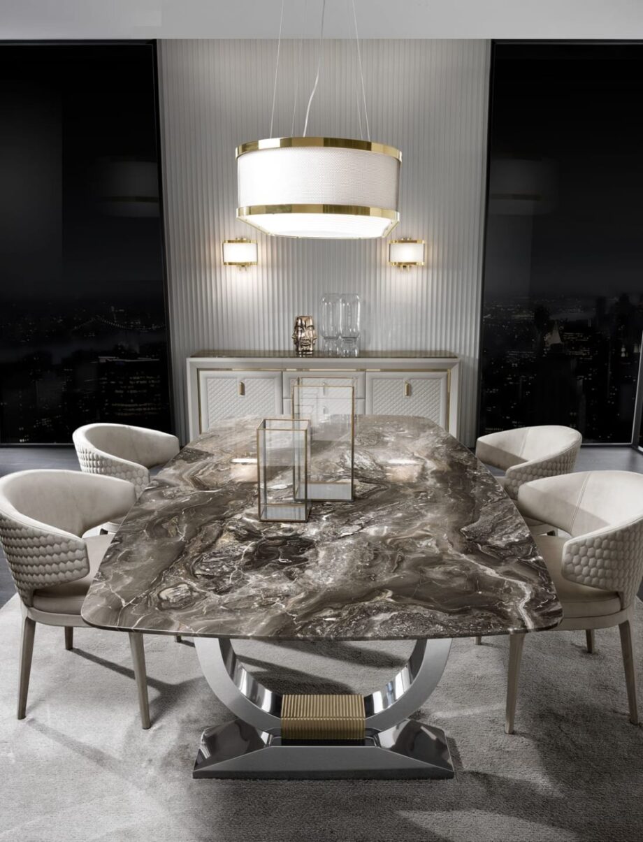 Hermes Suite стол | DV home. Элегантный итальянский стол с роскошной мраморной или лакированной столешницей и стильным металлическим основанием.
