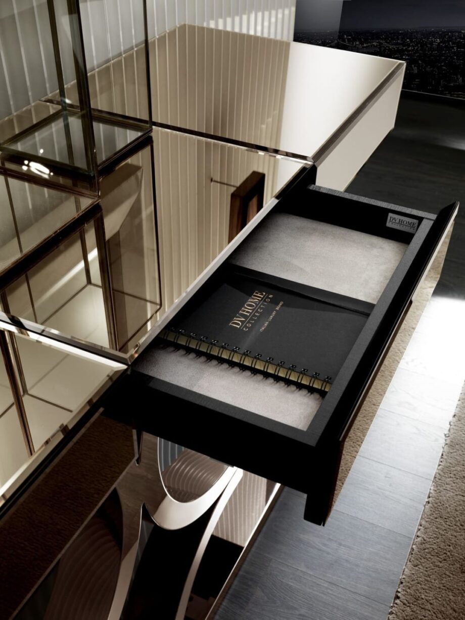 Kent Plus консоль | DV home. Роскошная консоль в стиле Ар-деко с ящиком Blumotion, зеркальной или деревянной столешницей и базой из стали.