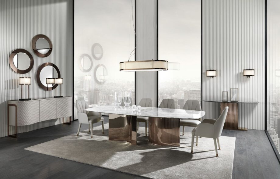 Tiffany стол | DV home. Изысканный обеденный стол с роскошной мраморной столешницей и выразительным изогнутым основанием из нержавеющей стали, воплощающий элегантность ар-деко.