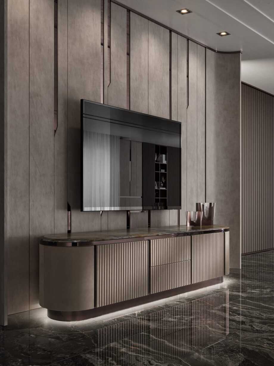 Hollywood мебель для телевизора | DV home. Роскошная тумба в стиле Art Deco с мраморной столешницей, кожаной/лакированной отделкой и встроенной подсветкой.