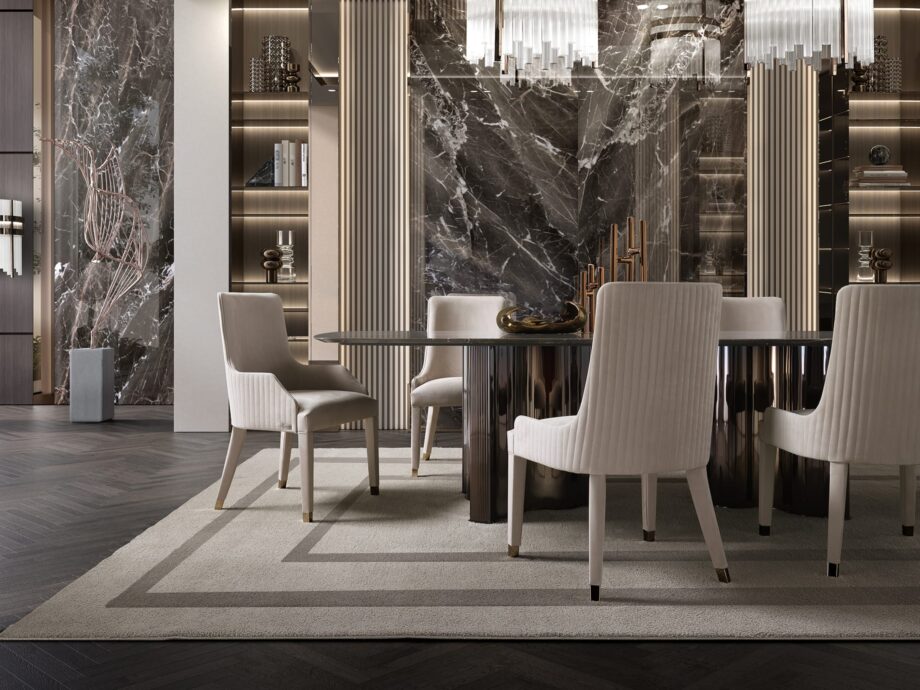 Byron Cannetè стул | DV home. Изысканный стул с рельефной спинкой, роскошной обивкой и стальными акцентами, созданный вручную в Италии.