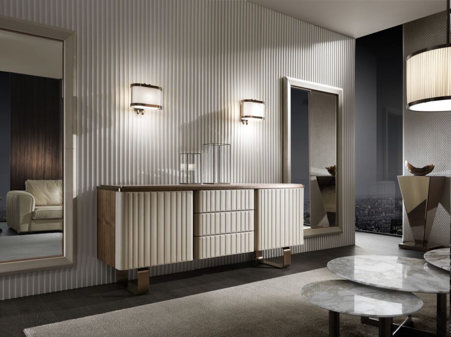 Elite комод | DV home. Роскошный буфет в стилях ар-деко и контемпорари с рифленым дизайном, отделкой из кожи/лака, мраморной/ореховой столешницей и стальными акцентами.