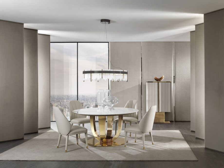 Hermes Round стол | DV home. Изысканный обеденный стол в стиле ар-деко с роскошной мраморной столешницей и выразительным металлическим основанием.