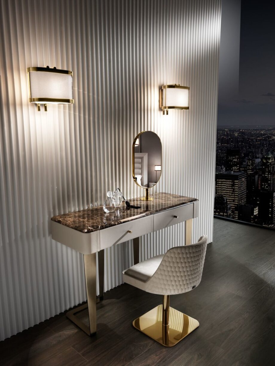 Ritz консоль | DV home. Роскошная консоль в стиле ар-деко со стальным основанием, лакированной или мраморной столешницей, встроенным зеркалом и двумя ящиками.