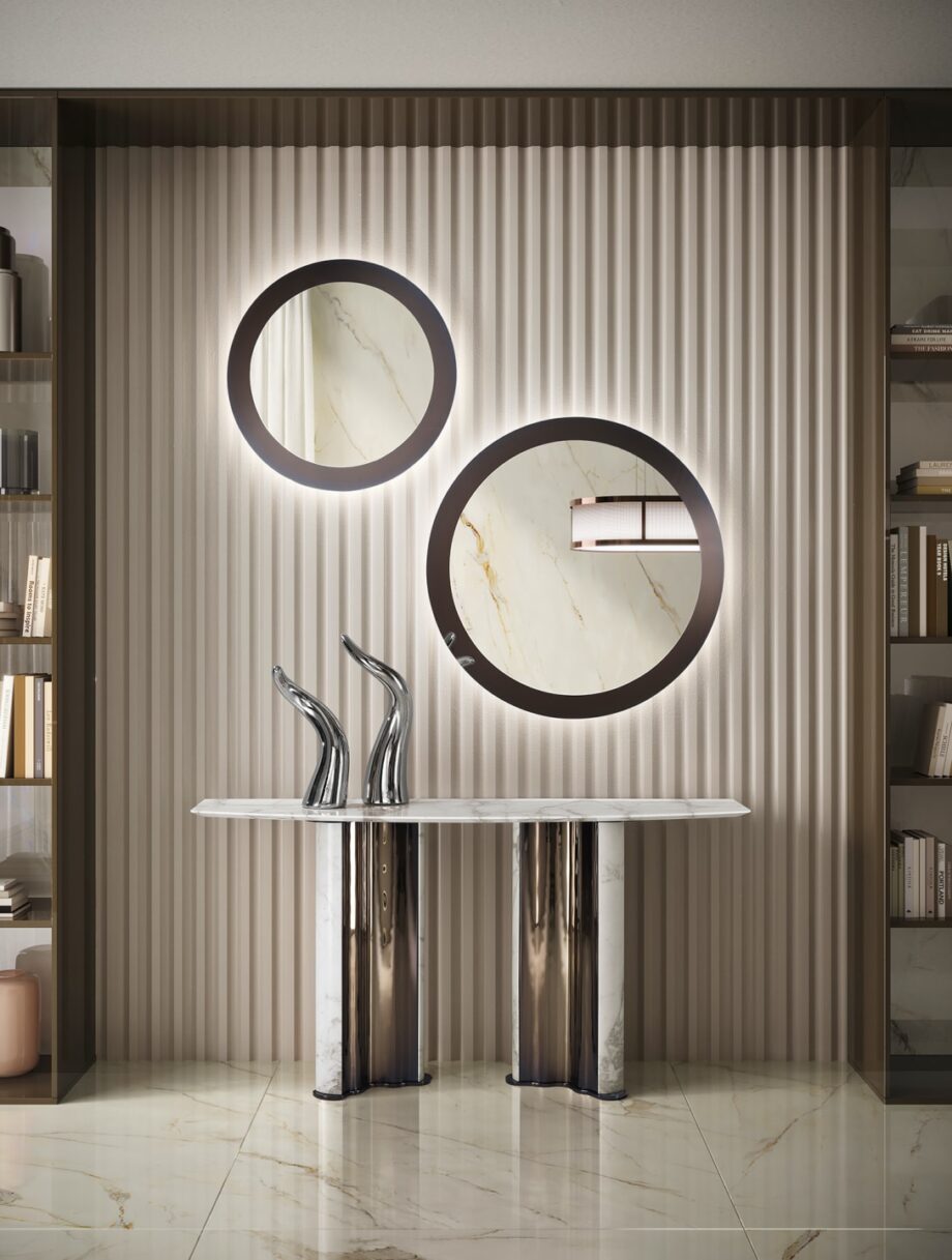Envy Circle зеркало | DV home. Изысканное круглое зеркало с полированной рамой из нержавеющей стали, идеальное для создания элегантного акцента в интерьере в стиле ар-деко.