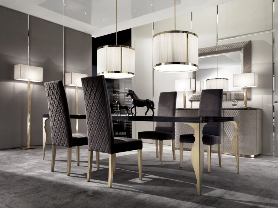 Form Plus комод | DV home. Изысканный буфет с изогнутыми формами, стегаными кожаными дверцами и роскошной мраморной столешницей.