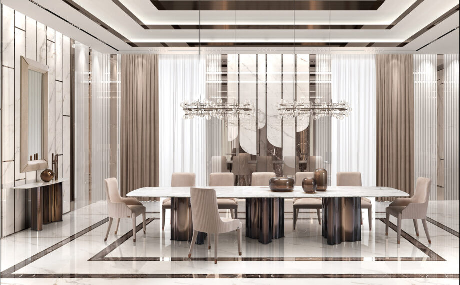 Manhattan стол | DV home. Роскошный стол в стиле ар-деко с полированным стальным основанием, кожаными колоннами и столешницей из мрамора или лакированного дерева.