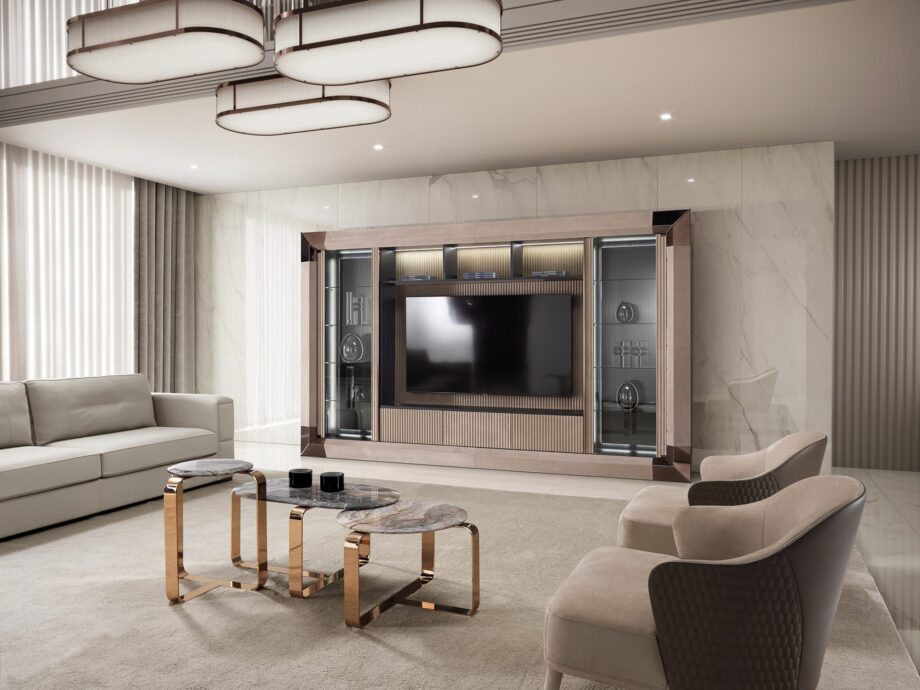 Manhattan витрина | DV home. Роскошный итальянский ТВ-юнит в стиле Ар-деко, с шпоном эбена макассар, кожей, закаленным стеклом и LED-подсветкой.