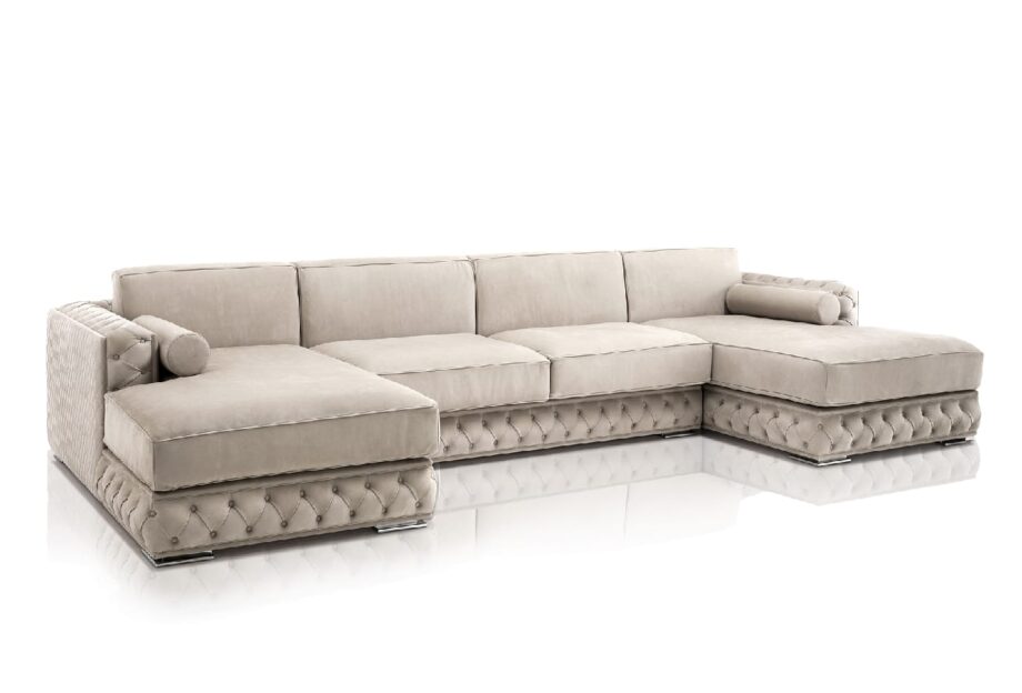 Velvet диван | DV home. Роскошный диван в стиле ар-деко с каретной стяжкой, каркасом из массива дерева, подушками из гусиного пуха и хромированными ножками.