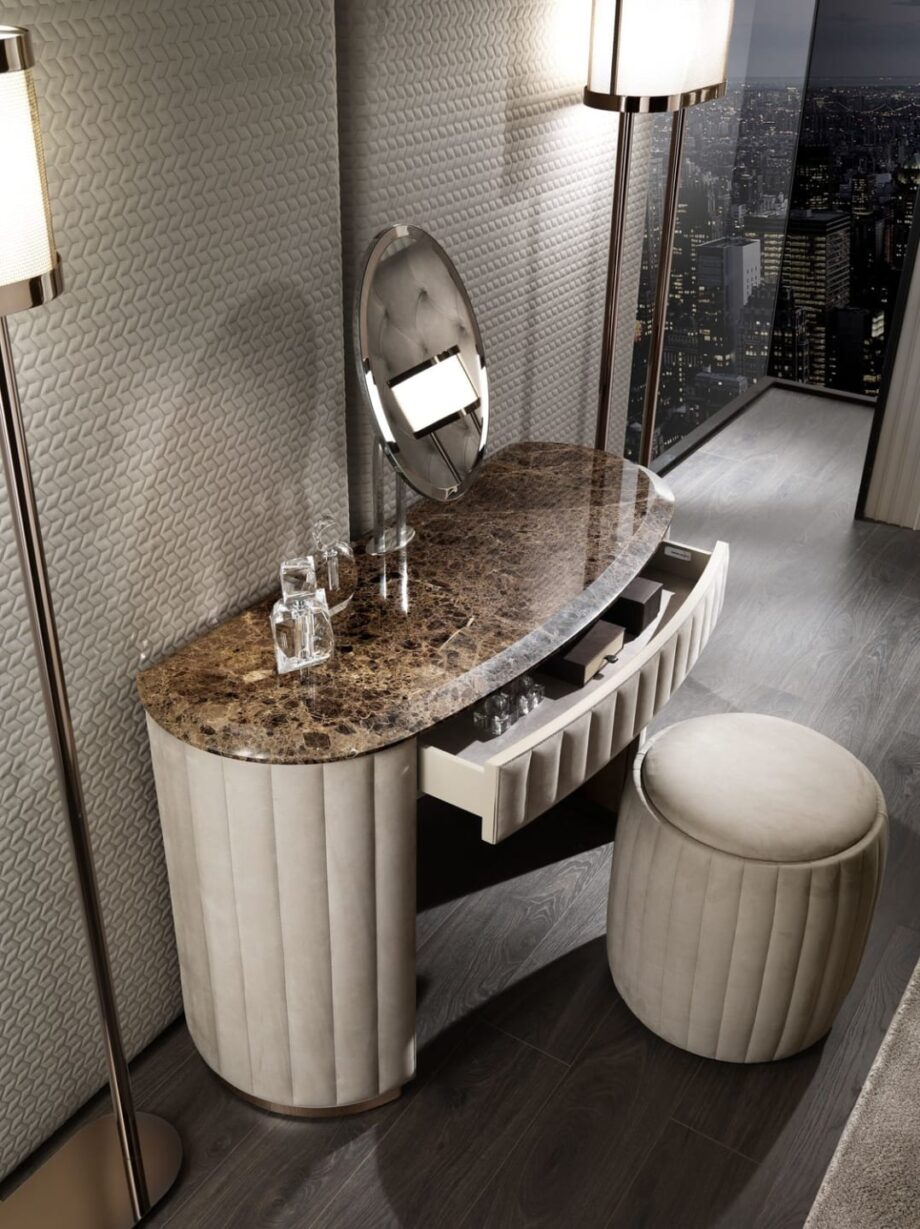 Vogue туалетный столик | DV home. Роскошная консоль в стиле ар-деко с кожаной обивкой, мраморной столешницей и ящиками с системой Blumotion.