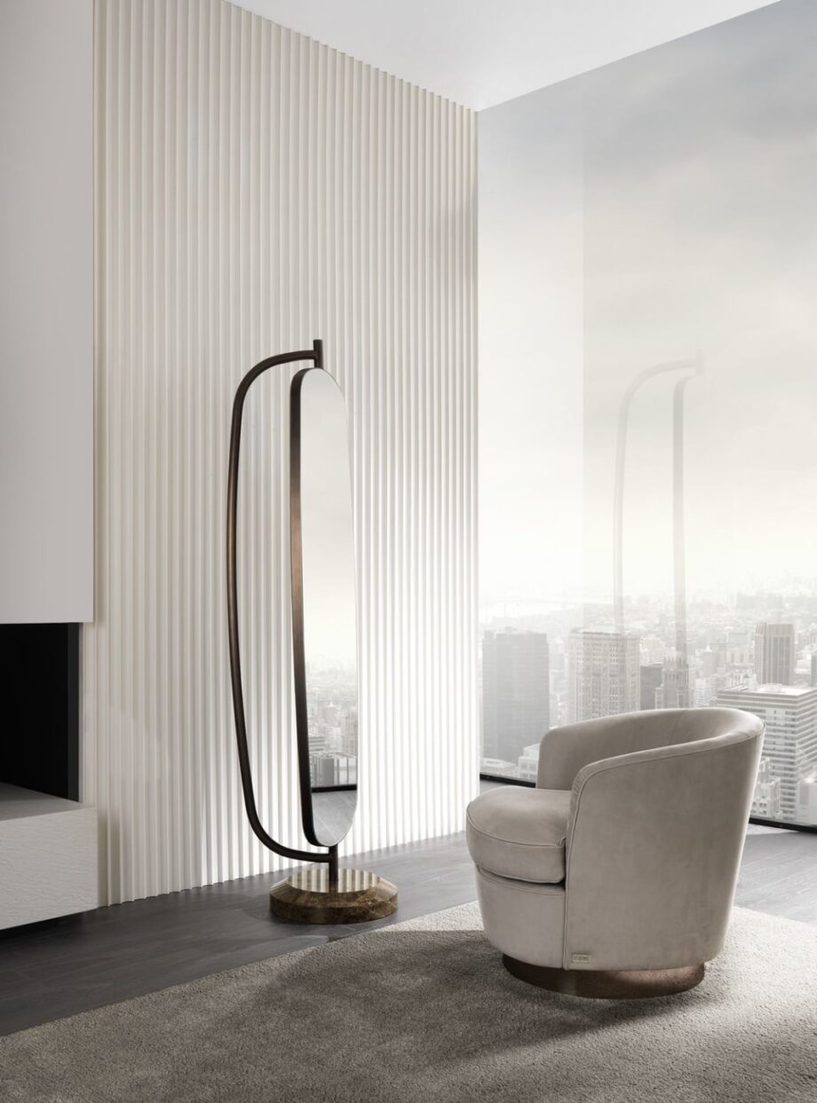 Bent зеркало | DV home. Вращающееся напольное зеркало с роскошным мраморным основанием и бронзовой металлической рамой.