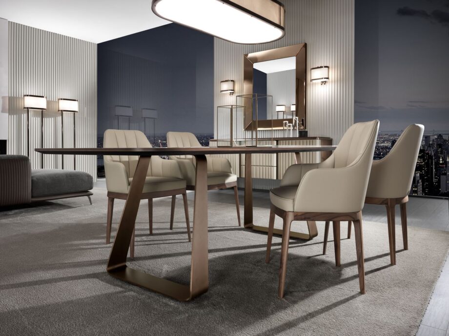 Elite стол | DV home. Изысканный обеденный стол с металлическим основанием и столешницей из дерева или мрамора, выполненный в стиле ар-деко.