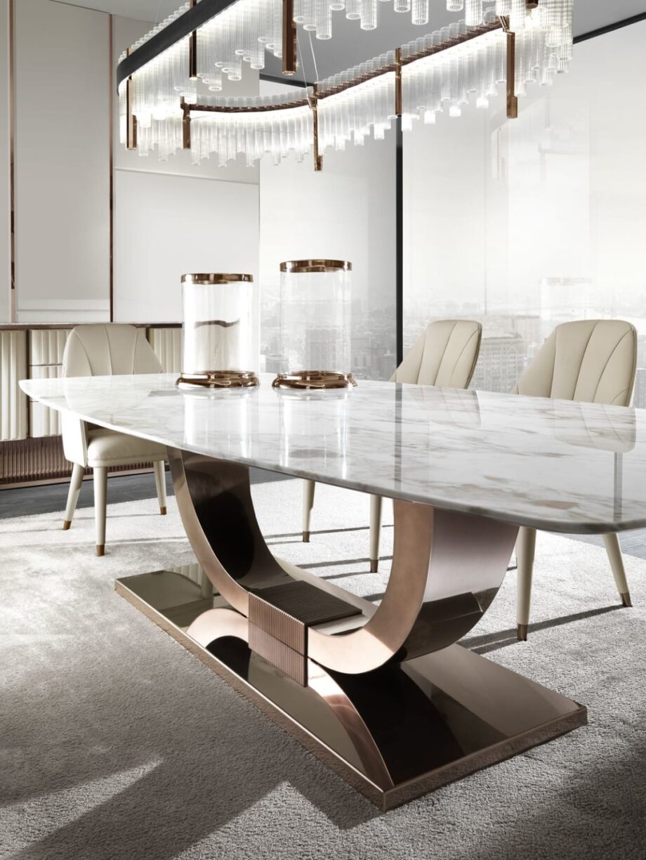 Heritage стол | DV home. Роскошный обеденный стол в стиле ар-деко с базой из нержавеющей стали и изысканными вариантами столешниц.