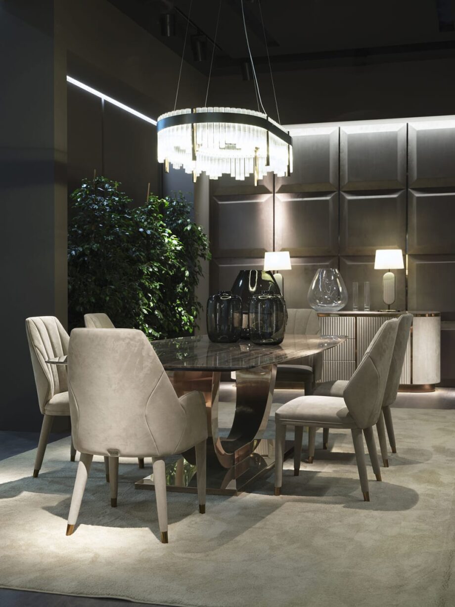Heritage стол | DV home. Роскошный обеденный стол в стиле ар-деко с базой из нержавеющей стали и изысканными вариантами столешниц.