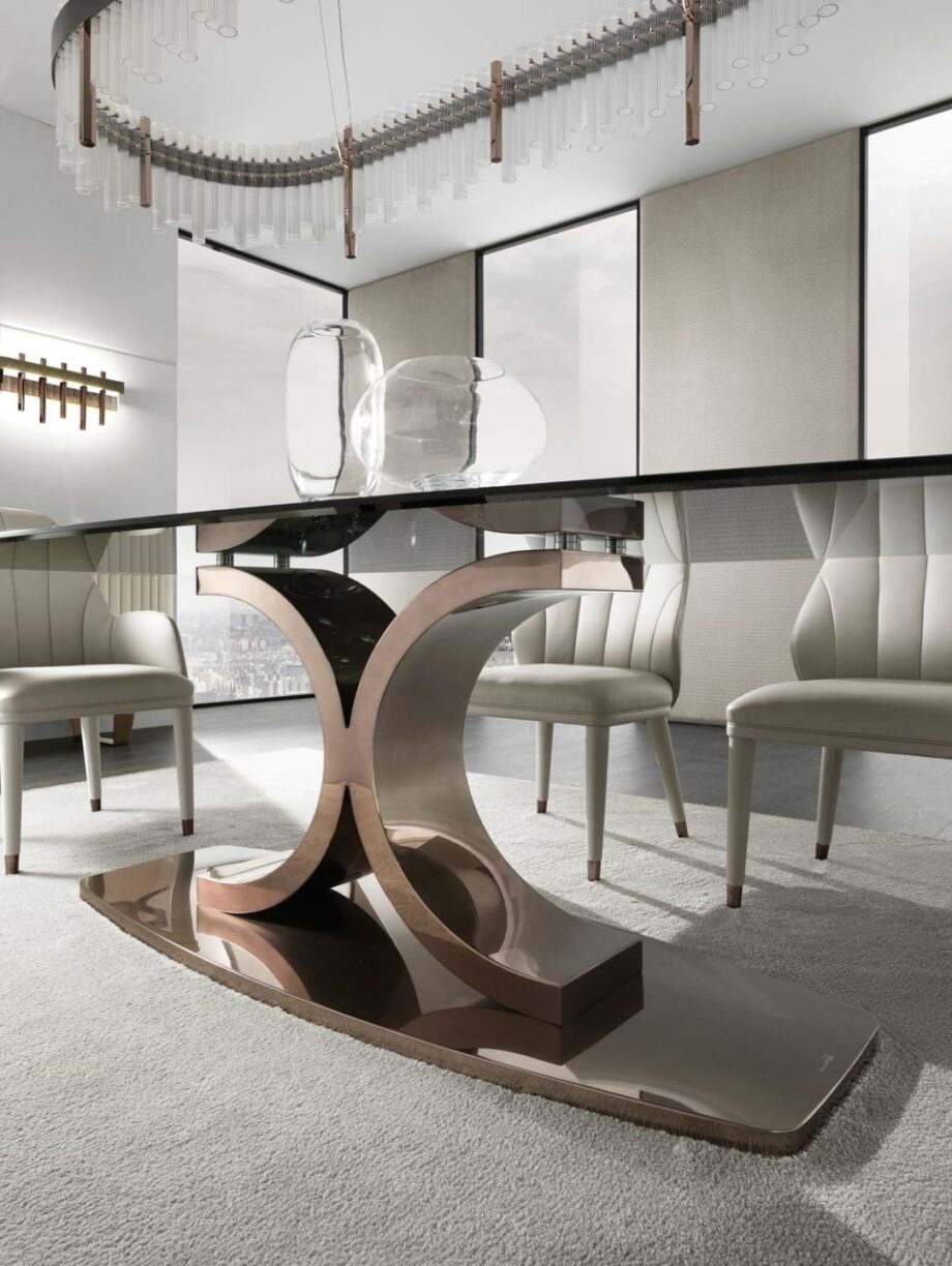 Kent Plus Suite стол | DV home. Элегантный обеденный стол с изогнутым металлическим основанием и роскошными вариантами столешницы из дерева, мрамора или стекла.