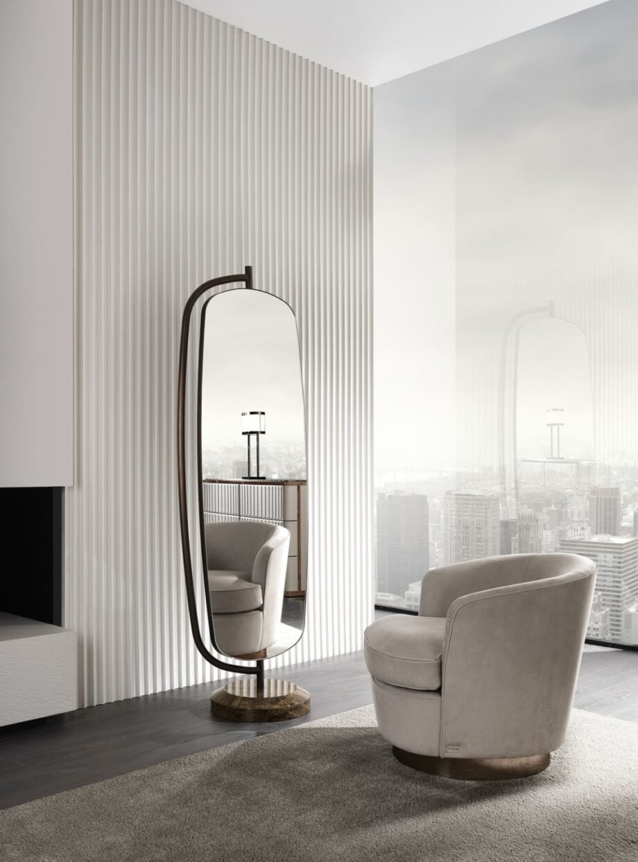 Bent зеркало | DV home. Вращающееся напольное зеркало с роскошным мраморным основанием и бронзовой металлической рамой.