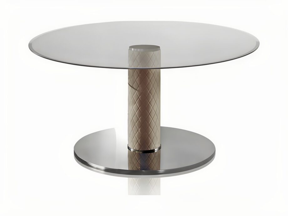 Adler Round стол | DV home. Изысканный круглый стол в стиле ар-деко с кожаной колонной и роскошными вариантами столешницы.