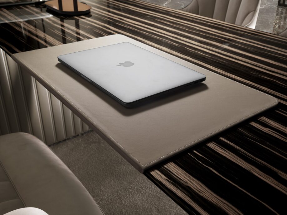 Elite письменный стол | DV home. Роскошный письменный стол в стиле ар-деко с отделкой из нержавеющей стали, кожи и ценных пород дерева, предлагающий изысканные решения для хранения.