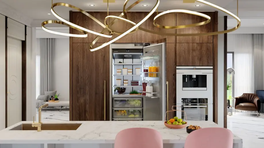 Liebherr Monolith — встроенный холодильник в роскошной кухне с мраморным островом